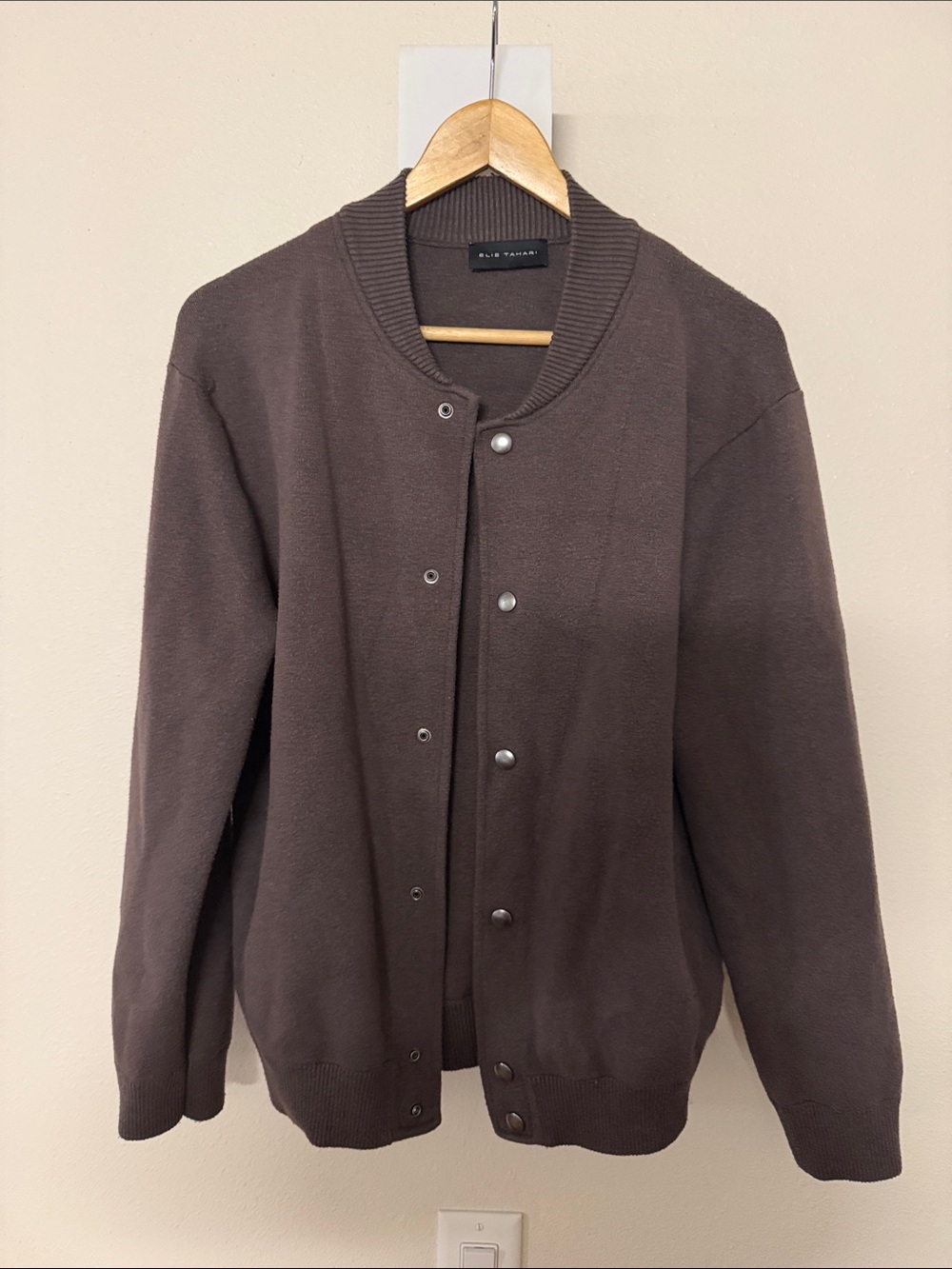 Elie Tahari Dark Brown Knit Snap-Front Bomber B15